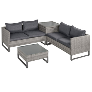 Outsunny 4 Pieces Rattan Garden Furniture Set, 4 Seater Garden Sofa Set with Storage Box, Loveseats and Glass Top Table, Wicker Outdoor Conservatory Furniture with Cushions for Outdoor, Patio, Grey - Sofa In Store