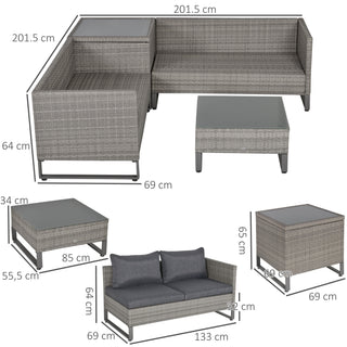 Outsunny 4 Pieces Rattan Garden Furniture Set, 4 Seater Garden Sofa Set with Storage Box, Loveseats and Glass Top Table, Wicker Outdoor Conservatory Furniture with Cushions for Outdoor, Patio, Grey - Sofa In Store
