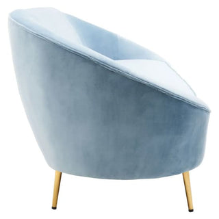 Side view of a modern, aqua blue velvet accent chair with gold metal legs—designed to perfectly complement the Premier Sofas Aqua Blue Velvet 3 Seater Sofa with gold metal legs in contemporary interiors.