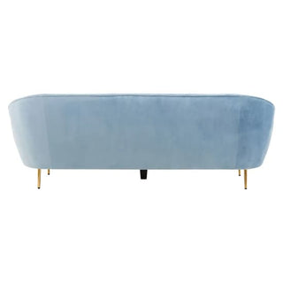 The Premier Sofas Aqua Blue Velvet 3 Seater Sofa features smooth fabric, four slim gold metal legs, and a modern design, elegantly showcased from the back.