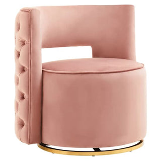 The Premier Sofas Pink Velvet Swivel Chair for Bedroom features modern design, plush cushioning, a tufted backrest, open lower back, round seat, and gold metal base—perfect as a chic accent in any space.