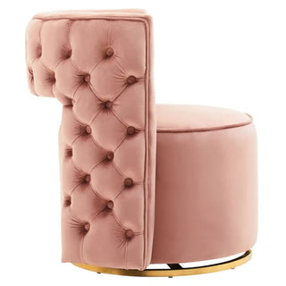 The Premier Sofas Pink Velvet Swivel Chair for Bedroom features a modern round design, tall tufted backrest, plush cushioning, gold metal base, and smooth seat—an elegant, chic update to any room.