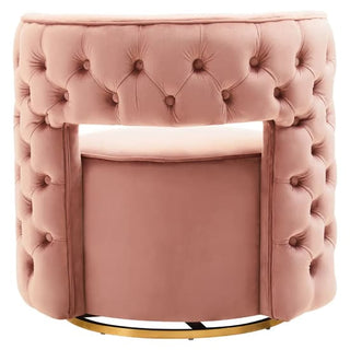 The Premier Sofas Pink Velvet Swivel Chair for Bedroom features plush cushioning, a modern tufted design, open back, and gold metal base—ideal as a stylish bedroom accent.