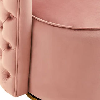 Premier Sofas Pink Velvet Swivel Chair for Bedroom features modern design, plush cushioning, tufted side detailing, and a gold accent at the base—ideal as a stylish bedroom chair.