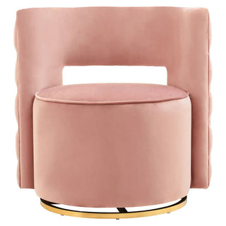 The Premier Sofas Pink Velvet Swivel Chair for Bedroom features a modern open-back design, plush cushioning, and a gold metal base—ideal as a chic accent or bedroom chair.
