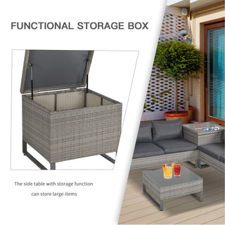 Outsunny 4 Pieces Rattan Garden Furniture Set, 4 Seater Garden Sofa Set with Storage Box, Loveseats and Glass Top Table, Wicker Outdoor Conservatory Furniture with Cushions for Outdoor, Patio, Grey - Sofa In Store